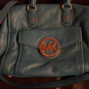 Michael Kors Turquoise Fulton Gold Logo Pebbled Leather Satchel Handbag